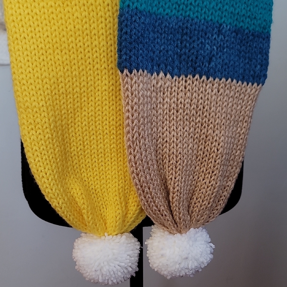 Multicolor Knit Scrap Yarn Scarf with Pom Poms - Picture 4 of 5